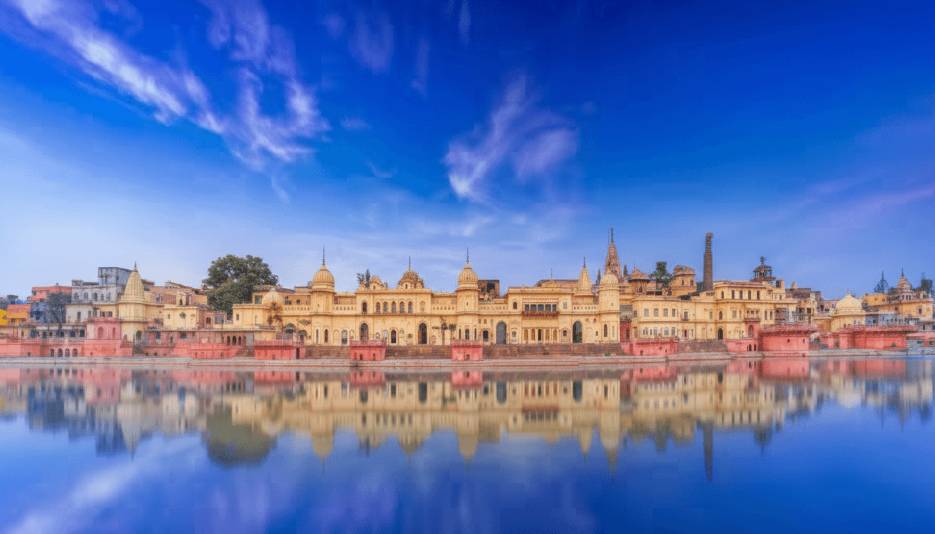 Scenic view of Ayodhya city with temples and the Saryu River